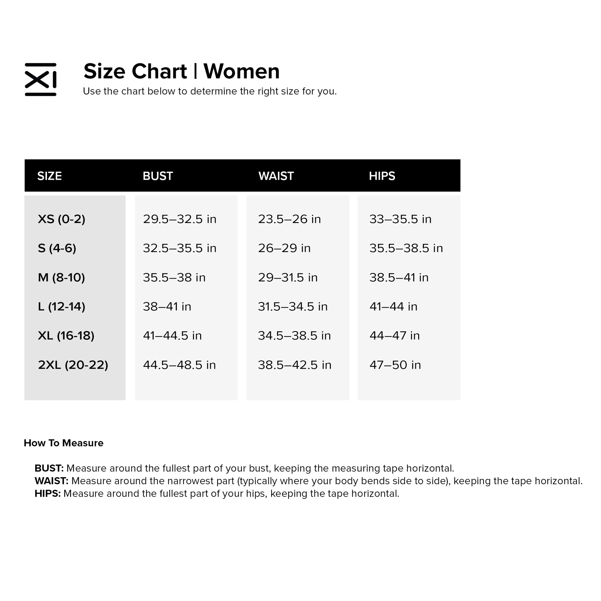 Size chart for women with measurements in inches